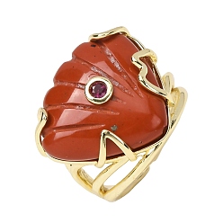 Red Jasper Natural Red Jasper Cuff Rings, Shell Shape, Brass Micro Pave Cubic Zirconia Cuff Open Rings, Golden, 24.5mm, US Size 7 1/4(17.5mm)
