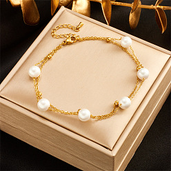 golden Vintage Double-layered Pearl Chain Anklet with Titanium Steel Metal, High-end and Versatile