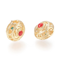 Real 18K Gold Plated Brass Beads, with Enamel, Hollow, Rondelle, Red & Turquoise, Real 18K Gold Plated, 9.7x10x8mm, Hole: 3mm