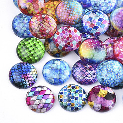 Mixed Color Flatback Glass Cabochons for DIY Projects, Dome/Half Round with Fish Scale Pattern, Mixed Color, 12x4mm