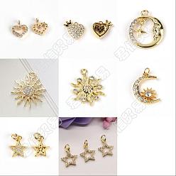 Golden PandaHall Elite 8Pcs 8 Style Brass Micro Pave Clear Cubic Zirconia Charms, Alloy Glass Rhinestone Pendants, Brass Rhinestone Pendants, Golden, 1pc/style