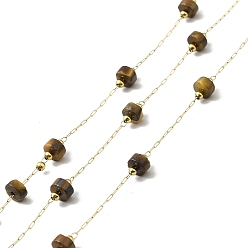 Tiger Eye Ion Plating(IP) 316 Surgical Stainless Steel Paperclip Chains, with Natural Tiger Eye Column Beads, Soldered, Real 18K Gold Plated, with Spool, Link: 2.5x1x0.3mm