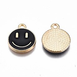 Black Alloy Enamel Charms, Cadmium Free & Lead Free, Smiling Face, Light Gold, Black, 14.5x12x1.5mm, Hole: 1.5mm