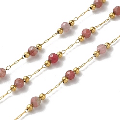 Tourmaline Ion Plating(IP) Real 18K Gold Plated 316 Stainless Steel Paperclip Chains, with Faceted Round Natural Red Tourmaline Beaded, with Spool, Soldered, 3mm
