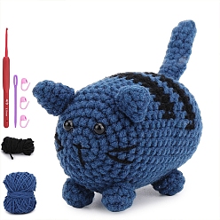 Marine Blue DIY Crochet Kits, including Yarns and Filling Cottons, 1Pc Crochet Needle, 1Pc Eye Needle, 3Pcs Stitch Marker and 2Pcs Eye Cabochon, Marine Blue, Package Size: 235x185x85mm