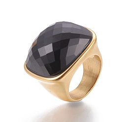 Black Ion Plating(IP) 304 Stainless Steel Finger Rings, with Faceted Glass, Black, Size 6~9, 16~19mm