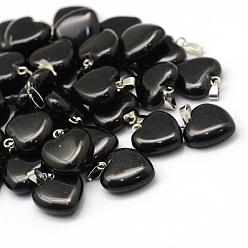 Черный Камень Сердце натуральный черный камень подвески, с латунной фурнитурой платинового цвета, 17~19x15~16x5~8 мм, отверстие : 2x7 мм