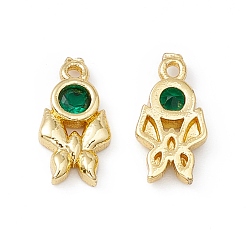 Dark Green Brass Micro Pave Cubic Zirconia Pendants, Real 18K Gold Plated, Butterfly, Dark Green, 10x5x1.5mm, Hole: 0.9mm