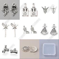 Argent Antique 80 pièces 8 styles pendentifs en alliage de style tibétain sur le thème de Cendrillon, formes mixtes, argent antique, 12.5~28x10.5~19x2~5mm, Trou: 1.6~2.8mm, 10 pcs / style