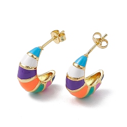Golden Brass Colorful Enamel Stud Earrings for Women, Rack Plating, Long-Lasting Plated, Lead Free & Cadmium Free, Moon, Golden, 17x22.5x6.5mm, Pin: 0.8mm