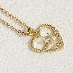 XL2194-1 Heart-shaped Zirconia Love Pearl Zircon Stainless Steel Necklace with 14K Gold Plated Pendant - Luxurious and Elegant Design