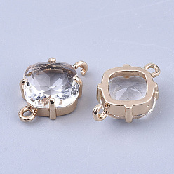 Clear Transparent Glass Links connectors, with Brass Findings, Faceted, Rhombus, Light Gold, Clear, 16.5x11x6mm, Hole: 1.2mm, Side Length: 11mm
