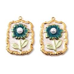 Прусский Синий 304 нержавеющей стальной эмали подвески, с имитацией жемчуга из АБС, прямоугольник с цветочной подвеской, золотые, берлинская лазурь, 25.5x18x5 мм, отверстие : 1.5 мм