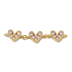 Pearl Pink Rack Plating Brass Pave Cubic Zirconia Connector Charms, Triple Heart Links, Lead Free & Cadmium Free, Real 18K Gold Plated, Long-Lasting Plated, Pearl Pink, 42~43x8x2.5mm, Hole: 1.2~1.4mm