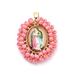 Ярко-Розовый Стойки обшивки латунные прелести, без свинца и без кадмия, долговечный, овал с амулетами Девы Марии, ярко-розовый, 31x25.5x6 мм, отверстие : 6x3.5 мм