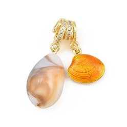 Dark Orange Brass Micro Pave Clear Cubic Zirconia Pendants, with Enamel & Resin, Shell Shape Charms, Rack Plating, Long-Lasting Plated, Lead Free & Cadmium Free, Real 18K Gold Plated, Dark Orange, 35mm, Hole: 3mm