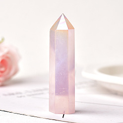 Rose Quartz Point Tower Electroplate Natural Rose Quartz Home Display Decoration, Healing Stone Wands, for Reiki Chakra Meditation Therapy Decos, Hexagon Prism, 60~70mm