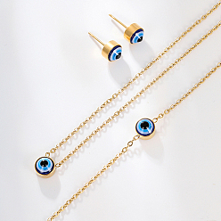 Real 18K Gold Plated Evil Eye Stainless Steel Stud Earring & Bracelets & Necklaces Set, with Enamel, Real 18K Gold Plated, Necklaces: 420mm; Bracelets: 170mm; Earring: 7mm