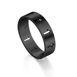 Electrophoresis Black Stainless Steel Cross Finger Ring, Hollow Ring for Men Women, Electrophoresis Black, US Size 9(18.9mm)