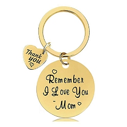 Golden Flat Round with Phrase Stainless Steel Pendant Keychain, Mother's Day Gift Keychain, Golden, 1cm