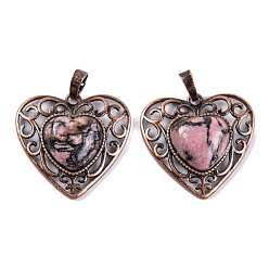 Rhodonite Natural Rhodonite Peach Love Heart Pendants, Rack Plating Brass Hollow Heart Charms, Cadmium Free & Lead Free, Red Copper, 29.5x30.5x7.5mm, Hole: 7.5x5mm