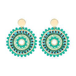 Средний Бирюзовый Плоские круглые серьги с подвесками из стеклянных семян для женщин, с шипами из нержавеющей стали, богемный стиль, средне бирюзовый, 62x50 мм