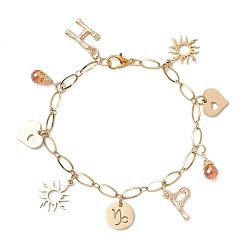 Золотой Солнце и сердце 304 браслеты с подвесками из нержавеющей стали для женщин, с латунным и стеклянным шармом, золотые, 8-1/8 дюйм (20.5 см)