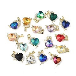 Mixed Color Real 18K Gold Plated Rack Plating Brass Micro Pave Clear Cubic Zirconia Pendants, with Glass, Long-Lasting Plated, Cadmium Free & Lead Free, Dolphin with Heart Charm, Mixed Color, 20.5x17x8mm, Hole: 5.5x3.5mm