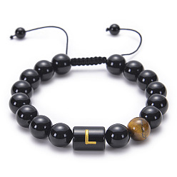 L Natural Black Agate Beaded Bracelet Adjustable Women's Handmade Alphabet Stone Strand Jewelry
