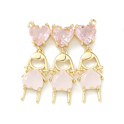 Real 18K Gold Plated Rack Plating Brass Pendant, with Pink Glass, Lead Free & Cadmium Free, Triple Girl Charms, Real 18K Gold Plated, 34x28x5.5mm, Hole: 1mm