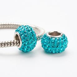 229_Blue Zircon Austrian Crystal European Beads, Large Hole Beads, 925 Sterling Silver Core, Rondelle, 229_Blue Zircon, 11~12x7.5mm, Hole: 4.5mm