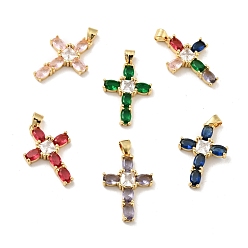 Mixed Color Rack Plating Brass Micro Pave Cubic Zirconia Pendants, Long-Lasting Plated, Lead Free & Cadmium Free, Cross, Real 18K Gold Plated, Religion, Mixed Color, 26.5x18x4mm, Hole: 3.5x4mm