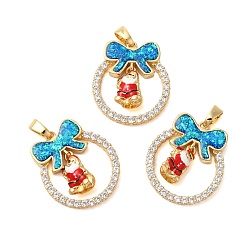 Santa Claus Рождественские тематические латунные подвески с микропаве и кубическим цирконием, с эмалью и синтетическим опалом, долговечный, без свинца и без кадмия, реальный 18 k позолоченный, кольцо с бантом, Дед Мороз, 25.5x23x5 мм, отверстие : 2.5x5 мм