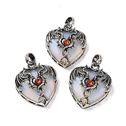 Opalite Opalite Pendants, Heart Charms, with Rack Plating Antique Silver Tone Hyacinth Rhinestone Dragon Wing Findings, 36.5~37.5x32~32.5x9.5~10.5mm, Hole: 8.5x5.5mm