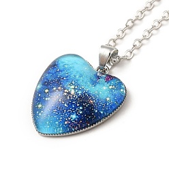 Dodger Blue Glass Heart with Cloud Pendant Necklace, Platinum Alloy Jewelry for Women, Dodger Blue, 20.24 inch(51.4cm)