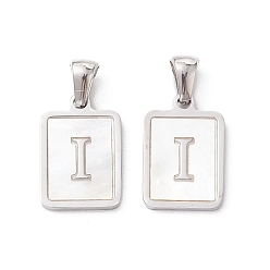 Letter I 304 Stainless Steel Pave Shell Pendants, Rectangle Charm, Stainless Steel Color, Letter I, 17.5x12x1.5mm, Hole: 3x5mm