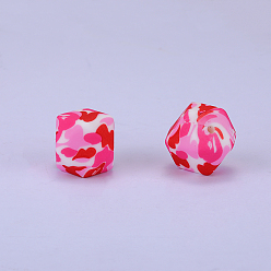 Pink Силиконовые бусины с красочным рисунком и принтом, жевательные бусины для чайников, DIY уход за ожерельем, розовые, 17x22.5x23 мм, отверстие : 3 мм
