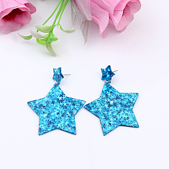 Dodger Blue Glitter Acrylic Star Dangle Stud Earrings for Party, Dodger Blue, 10mm
