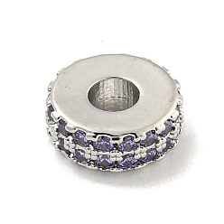 Фиолетовый Обшивка стойки латунь с циркониевыми бусинами, долговечный, без свинца и без кадмия, плоско-круглые, платина, фиолетовые, 8x3 мм, отверстие : 2.5 мм
