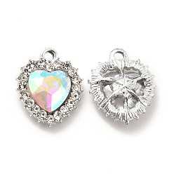Clear AB Alloy Glass Pendants, Crystal Rhinestone Heart Charm, Platinum, Clear AB, 19x16x5.8mm, Hole: 2mm