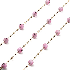 Pearl Pink Evil Eye Lampwork Beaded Link Chains, with Golden 304 Stainless Steel Paperclip Chains, Soldered, with Spool, Pearl Pink, 6mm, 2mm, about 32.81 Feet(10m)/Roll