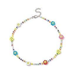 Colorful Glass Seed Bead Beaded Necklaces, Flower with Smile Face Handmade Polymer Clay Bead Necklace for Women, Colorful, 14.29 inch(36.3cm), 3~9mm