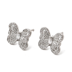 Платина Серьги-гвоздики с бабочками из латуни с микропаве из прозрачных кубических цирконий, долговечный, стойки покрытие, без свинца и без кадмия, платина, 11.5x13.5 мм