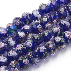 Midnight Blue Handmade Gold Sand Lampwork Beads Strands, Inner Flower, Faceted Rondelle, Midnight Blue, 8x6mm, Hole: 2mm, about 70pcs/strand, 17.3 inch