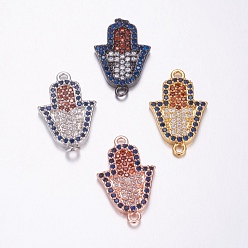 Mixed Color Brass Micro Pave Cubic Zirconia Links, Long-Lasting Plated, Lead Free & Cadmium Free, Hamsa Hand, Mixed Color, 19.5x12x2mm, Hole: 1.5mm