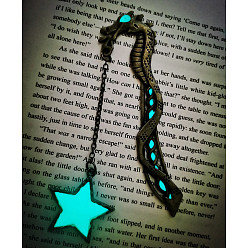 Antique Bronze Luminous Alloy Dragon Bookmark, Star Pendant Bookmark, Glow in The Dark, Antique Bronze, 120x50mm