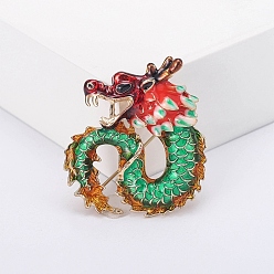Green Alloy Brooches, Enamel Pin, Jewely for Unisex, Antique Golden, Dragon, Green, 42x37mm