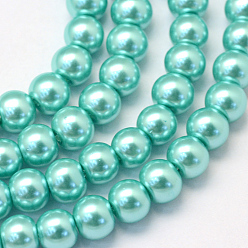 Turquoise Baking Painted Pearlized Glass Pearl Round Bead Strands, Turquoise, 8~9mm, Hole: 1mm, about 105pcs/strand, 31.4 inch