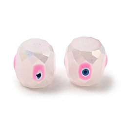 Pearl Pink Opaque Glass Beads, with Enamel, Faceted, Drum with Evil Eye Pattern, Pearl Pink, 10.5x10.5mm, Hole: 1.6mm