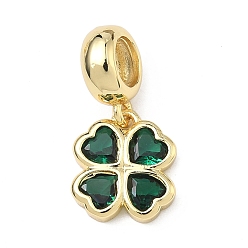 Зеленый Подвеска в виде клевера в европейском стиле ко Дню Святого Патрика, латунная, инкрустированная кубическим цирконием., подвески с большим отверстием в виде клевера, стойки покрытие, долговечный, без кадмия и без свинца, реальный 18 k позолоченный, зелёные, 20 мм, отверстие : 4.9 мм